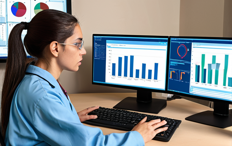**
>Data analyst working at a modern computer workstation, examining charts and graphs related to public health data, with a focus on statistics and risk factors for disease in a community setting. SPSS or R software is visible on the screen.
**