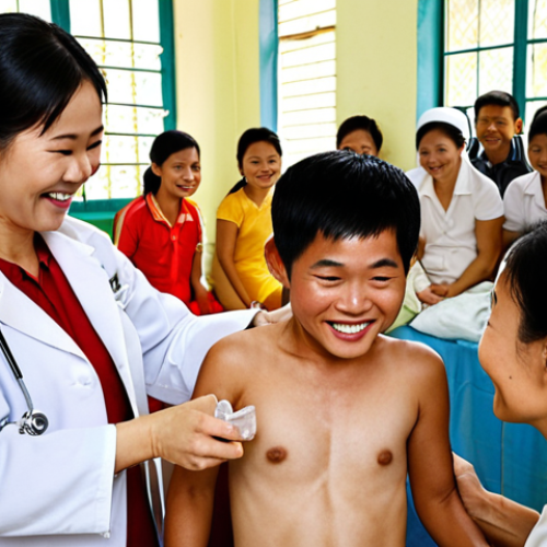 A vibrant scene in Vietnam, depicting a kind Vietnamese healthcare worker administering a vaccine to a healthy, smiling Vietnamese child in a community health center. In the background, diverse Vietnamese community members, including families and elders, are participating in a health awareness event, perhaps receiving informational leaflets from local doctors or engaging in light exercise. Emphasize a clean, well-lit environment, symbolizing the success of preventive healthcare campaigns and strong community participation. High-quality, realistic, and warm lighting.