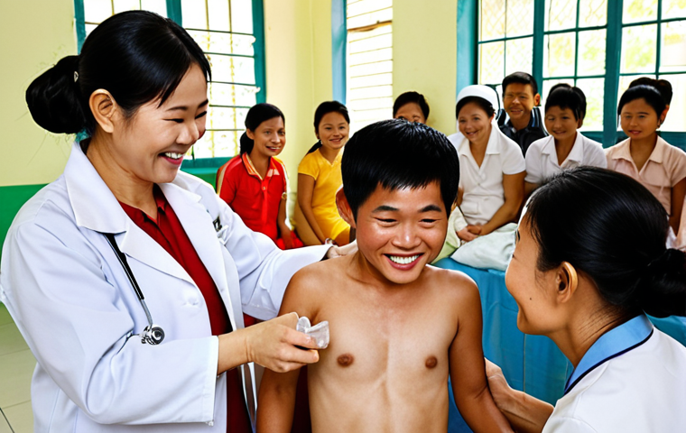 A vibrant scene in Vietnam, depicting a kind Vietnamese healthcare worker administering a vaccine to a healthy, smiling Vietnamese child in a community health center. In the background, diverse Vietnamese community members, including families and elders, are participating in a health awareness event, perhaps receiving informational leaflets from local doctors or engaging in light exercise. Emphasize a clean, well-lit environment, symbolizing the success of preventive healthcare campaigns and strong community participation. High-quality, realistic, and warm lighting.
