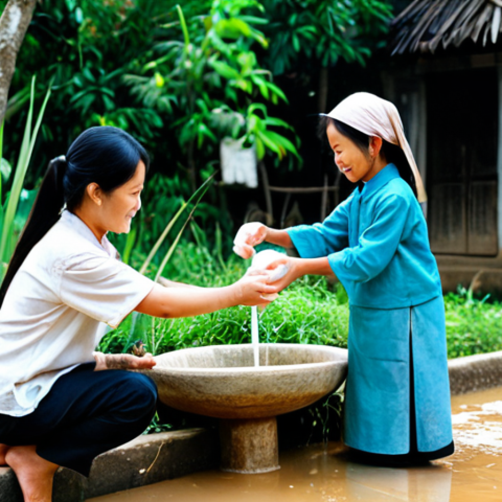 **Image:** A Vietnamese family washing their hands thoroughly with soap and water at a traditional outdoor faucet in a rural setting. Everyone is fully clothed in modest, everyday attire. The scene emphasizes cleanliness and hygiene. **Prompt:** "A Vietnamese family washing hands with soap, outdoor setting, rural Vietnam, fully clothed, appropriate attire, safe for work, perfect anatomy, natural proportions, professional, family-friendly, clean environment."
