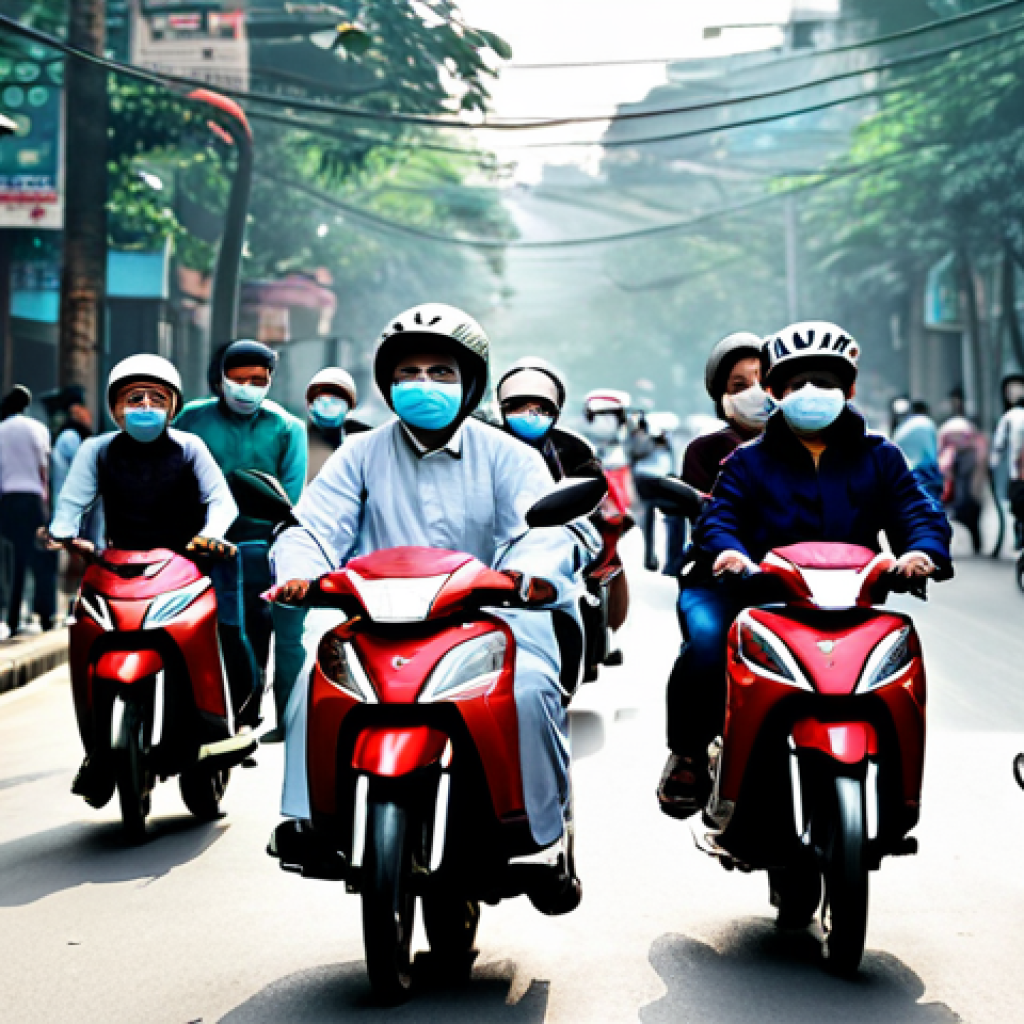**Prompt:** A bustling street scene in Hanoi during rush hour, showing motorbikes and pedestrians, with visible air pollution haze. Focus on people wearing face masks for protection. Include the text "Tác Động Của Ô Nhiễm Không Khí" overlaid subtly. safe for work, appropriate content, fully clothed, family-friendly, realistic style, perfect anatomy, natural proportions, professional.