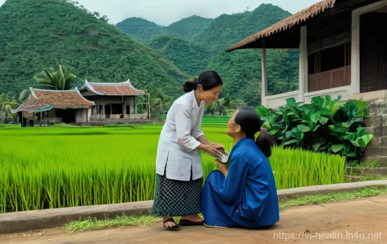 보건학과 농촌 지역 보건 - **Prompt:** A compassionate Vietnamese female village health worker, approximately 35-45 years old, ...