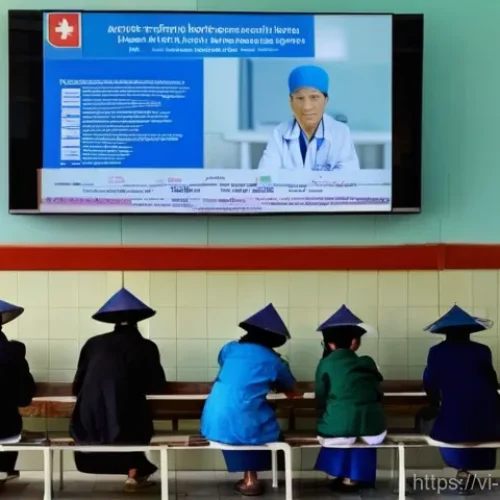 보건학과 국영병원 vs 사립병원 - **Prompt:** "A bustling public hospital waiting room in Vietnam. Elderly Vietnamese patients, some w...