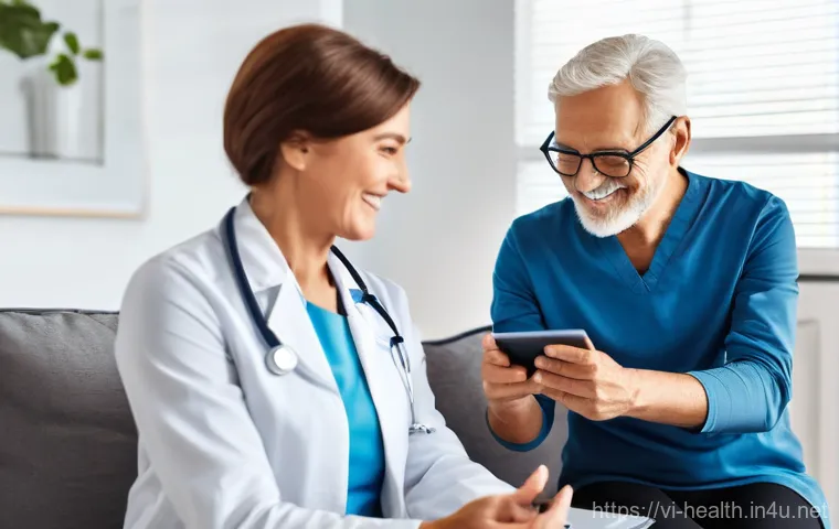 보건학과 건강 관리 기술 - **Prompt:** "A diverse group of people, including a smiling middle-aged woman and an elderly man, co...