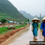 보건학과 보건 서비스 접근성 향상 - A rural mountainous Vietnamese village scene during the rainy season, showing villagers in tradition...