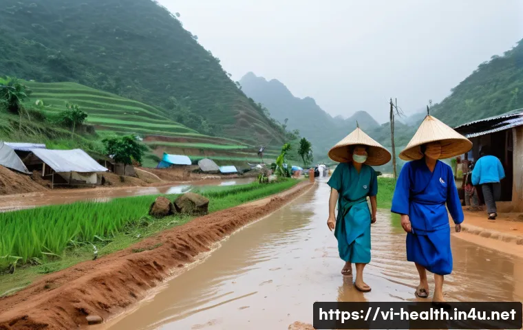 보건학과 보건 서비스 접근성 향상 - A rural mountainous Vietnamese village scene during the rainy season, showing villagers in tradition...