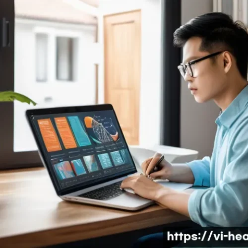 보건학 온라인 학습 - A Vietnamese healthcare professional studying online at a cozy home workspace, wearing casual clothe...