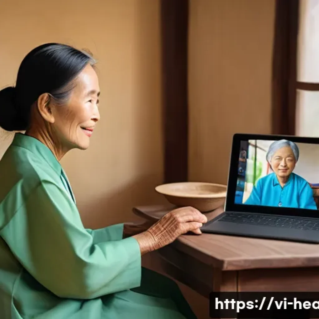 보건학에서의 텔레메디슨 - A Vietnamese elderly woman wearing simple traditional clothes and sitting comfortably at home in a m...