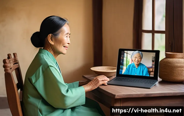 보건학에서의 텔레메디슨 - A Vietnamese elderly woman wearing simple traditional clothes and sitting comfortably at home in a m...