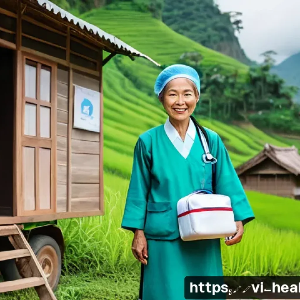 보건학과 건강 형평성 - A Vietnamese rural healthcare worker in modest uniform visiting a remote mountain village, carrying ...