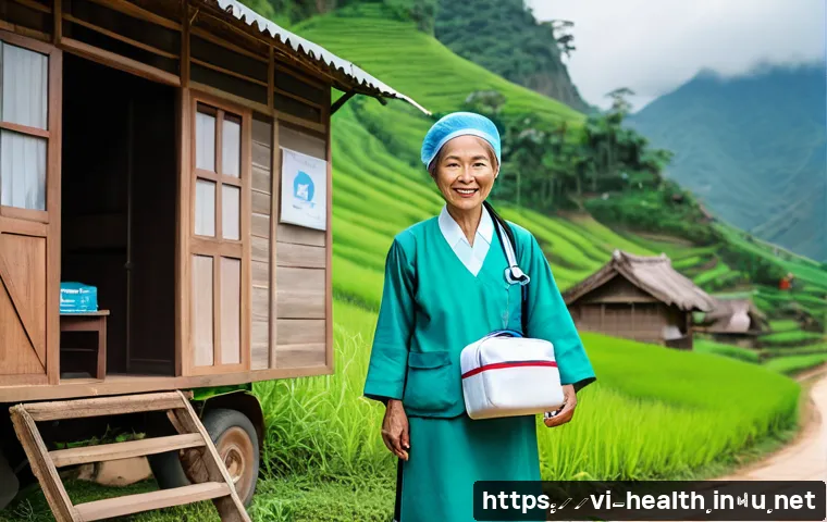 보건학과 건강 형평성 - A Vietnamese rural healthcare worker in modest uniform visiting a remote mountain village, carrying ...