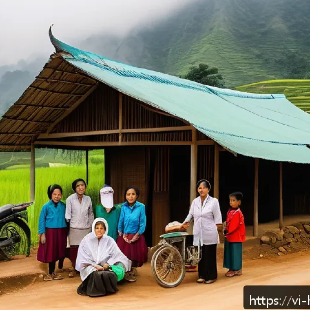 보건학과 의료 서비스 접근성 - A rural Vietnamese mountain village health clinic scene: a small, modest health station with simple ...