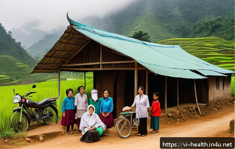 보건학과 의료 서비스 접근성 - A rural Vietnamese mountain village health clinic scene: a small, modest health station with simple ...