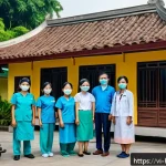 보건학과 건강 정책 제정 - A vibrant Vietnamese community health center scene in a rural setting, showcasing a well-equipped co...