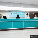보건학과 의료서비스 품질 평가 - A modern Vietnamese hospital reception area bustling with diverse patients and medical staff, featur...