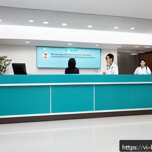 보건학과 의료서비스 품질 평가 - A modern Vietnamese hospital reception area bustling with diverse patients and medical staff, featur...