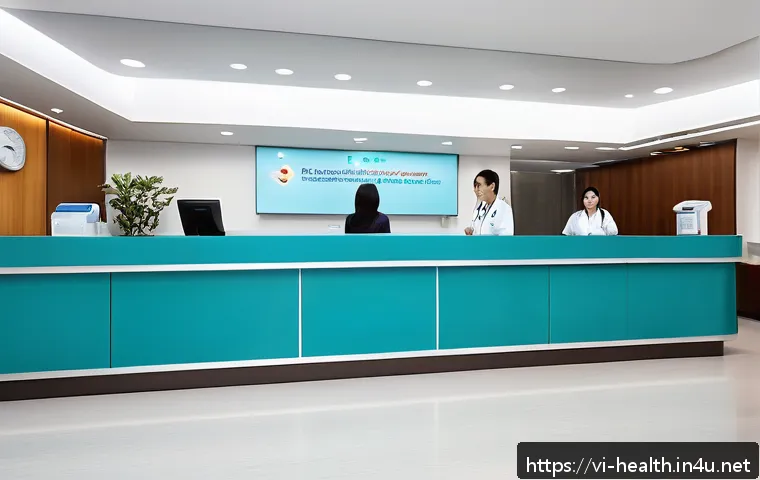 보건학과 의료서비스 품질 평가 - A modern Vietnamese hospital reception area bustling with diverse patients and medical staff, featur...