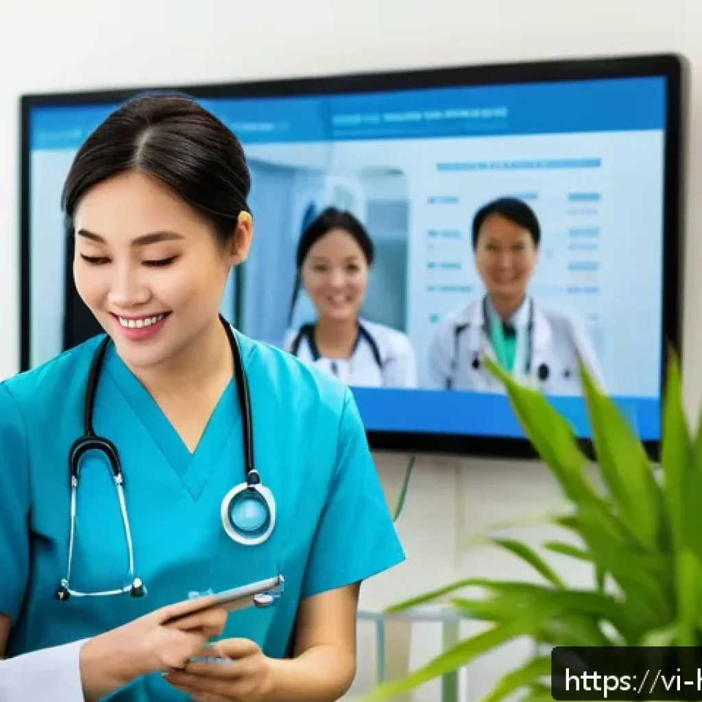 보건학과 공공 의료 혁신 - A modern Vietnamese healthcare clinic interior featuring doctors and nurses using digital health rec...