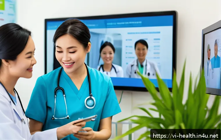 보건학과 공공 의료 혁신 - A modern Vietnamese healthcare clinic interior featuring doctors and nurses using digital health rec...