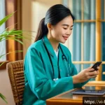 보건학에서의 원격 진료 - A modern Vietnamese woman consulting with a doctor via video call on her smartphone at home, surroun...