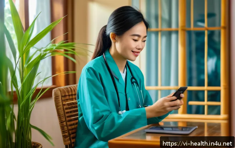 보건학에서의 원격 진료 - A modern Vietnamese woman consulting with a doctor via video call on her smartphone at home, surroun...
