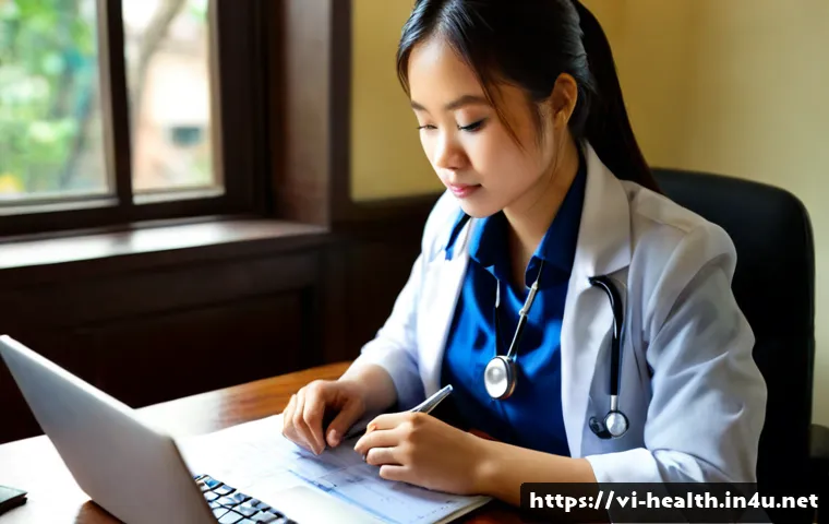 보건학 관련 자격증 - Photorealistic Vietnamese public health student studying for a professional certification at a clean...